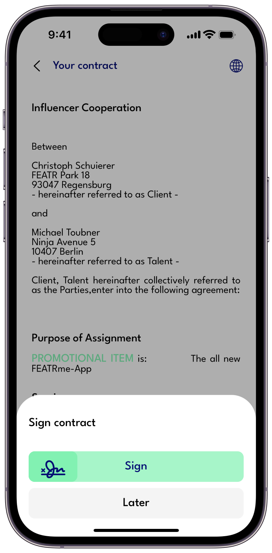An iPhone with the FEATRme signing where the user can see and sign a contract